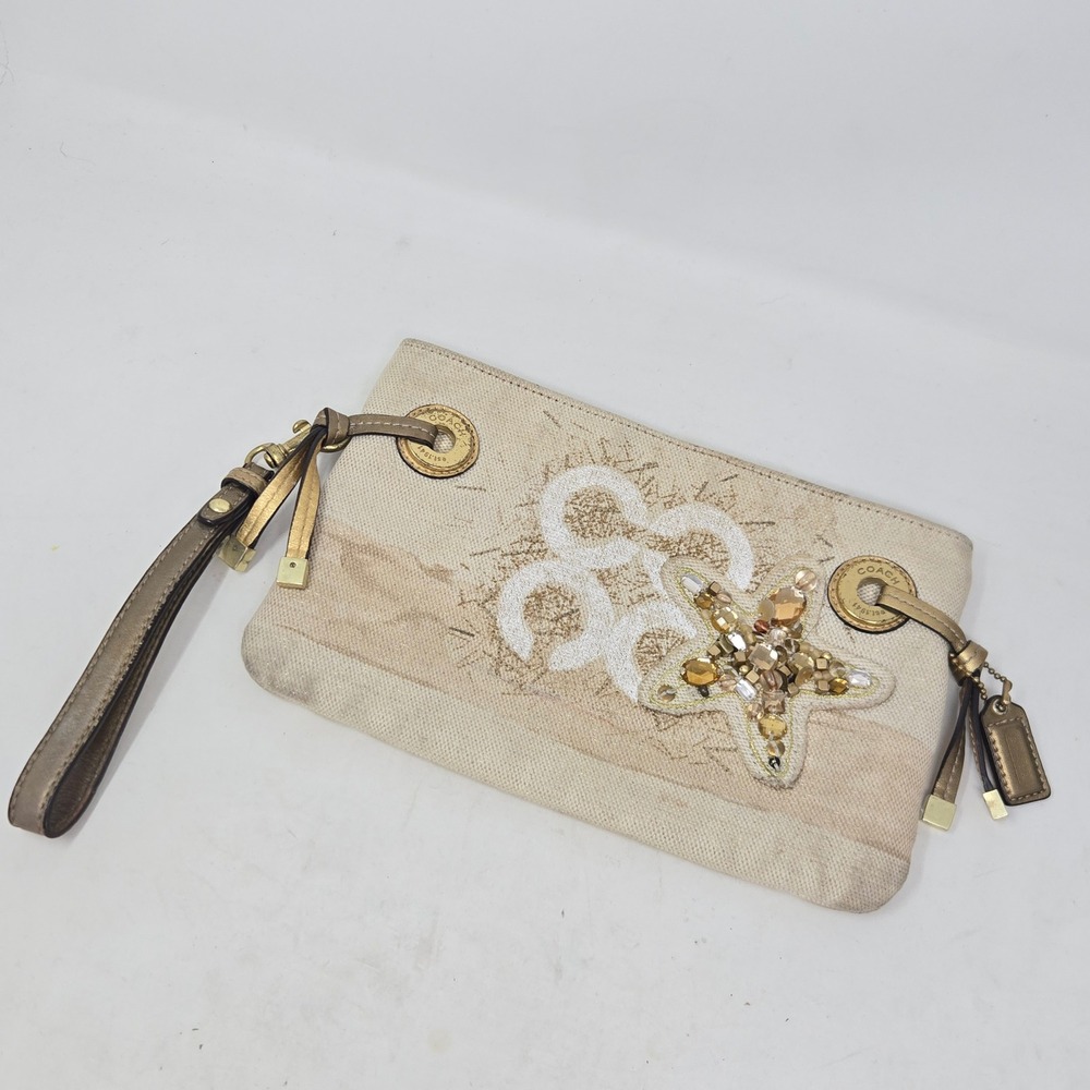 Coach Starfish Beaded Metallic Canvas Wristlet Gold Beige Nautical Clutch
